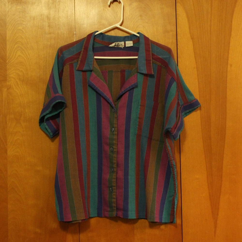 Multi-colored button down short sleeve blouse
